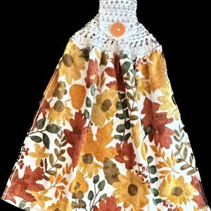 Kitchen Towel With Crochet Top/ Fall Leaves